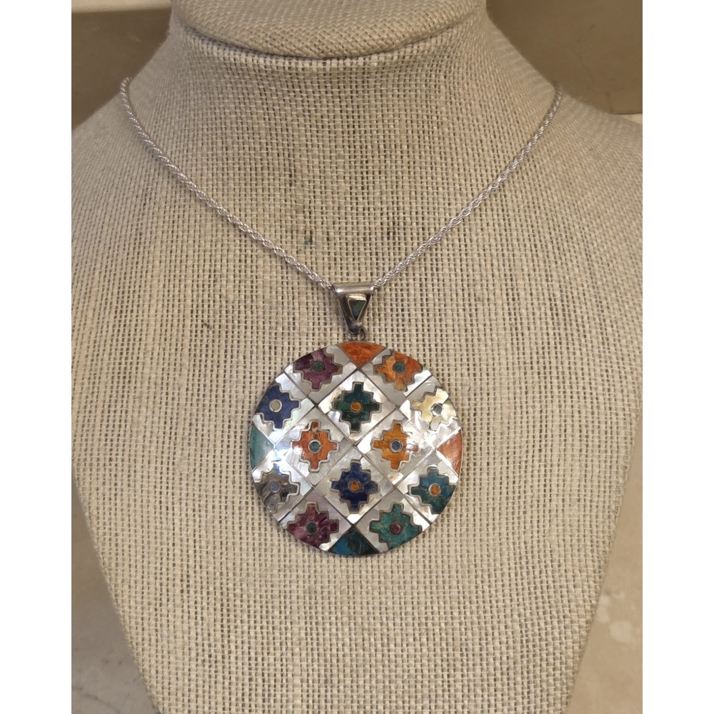Large‎ Chakanas Pendant 950 Sterling Silver Multi-stones Sterling Pagoda Choker